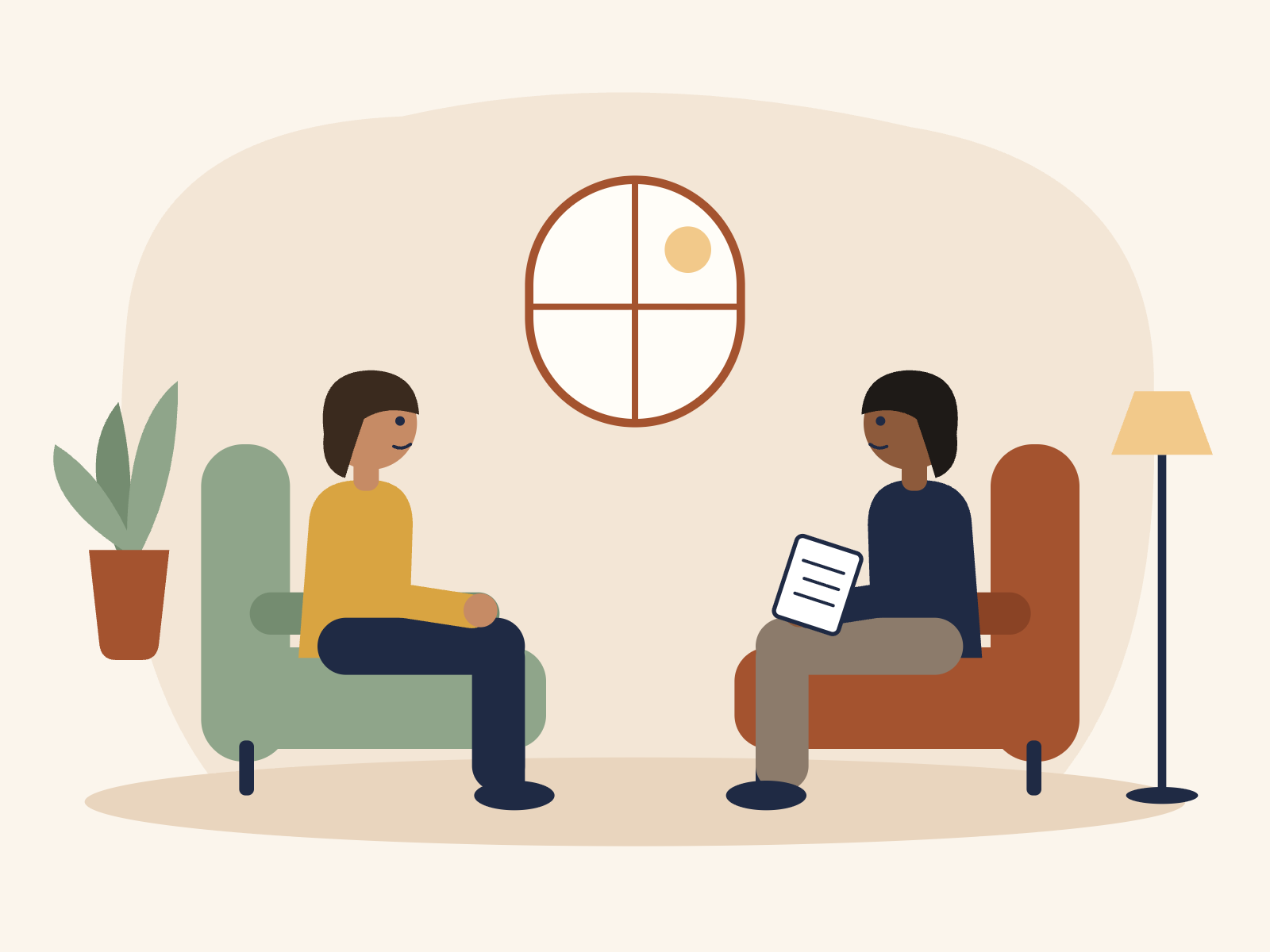 Illustration of a therapist with a notepad talking with a client, both seated in armchairs
